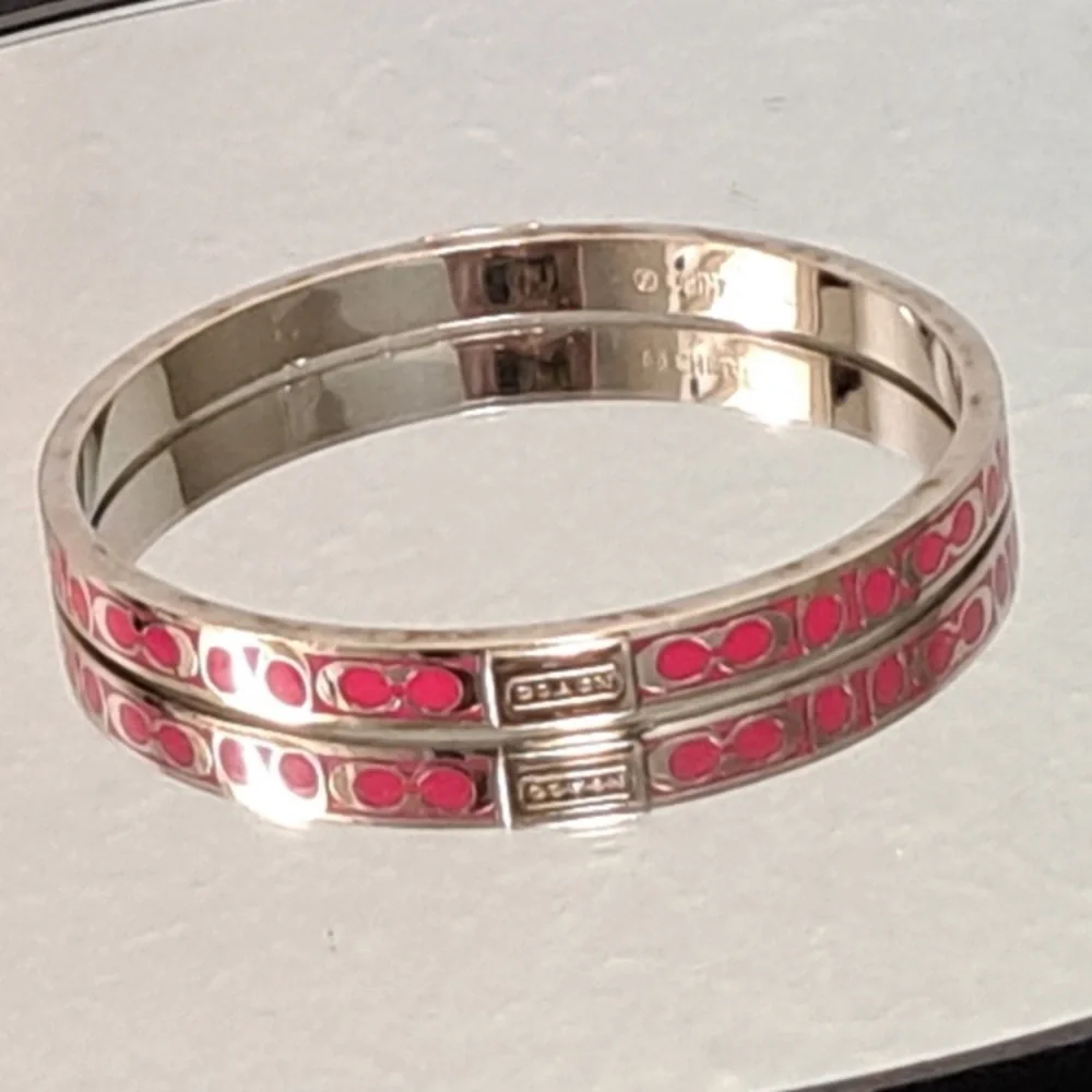 Coach Signature C Bangle Bracelet & Earrings - Silver and Pink - EUC